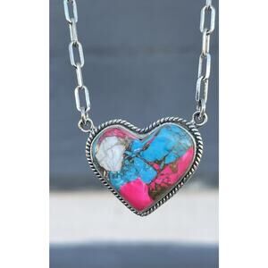 Southwest Sterling Silver Cotton Candy Turquoise Heart Necklace Pink Paperclip